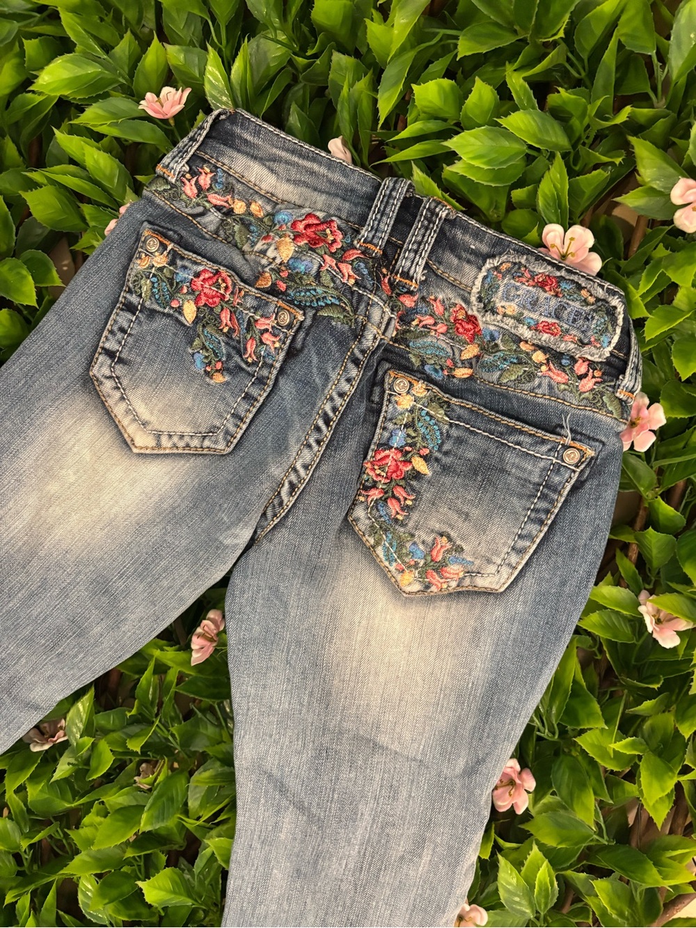 Grace LA Embroidered Denim Boot Cut Skinny Jeans Floral Stitching